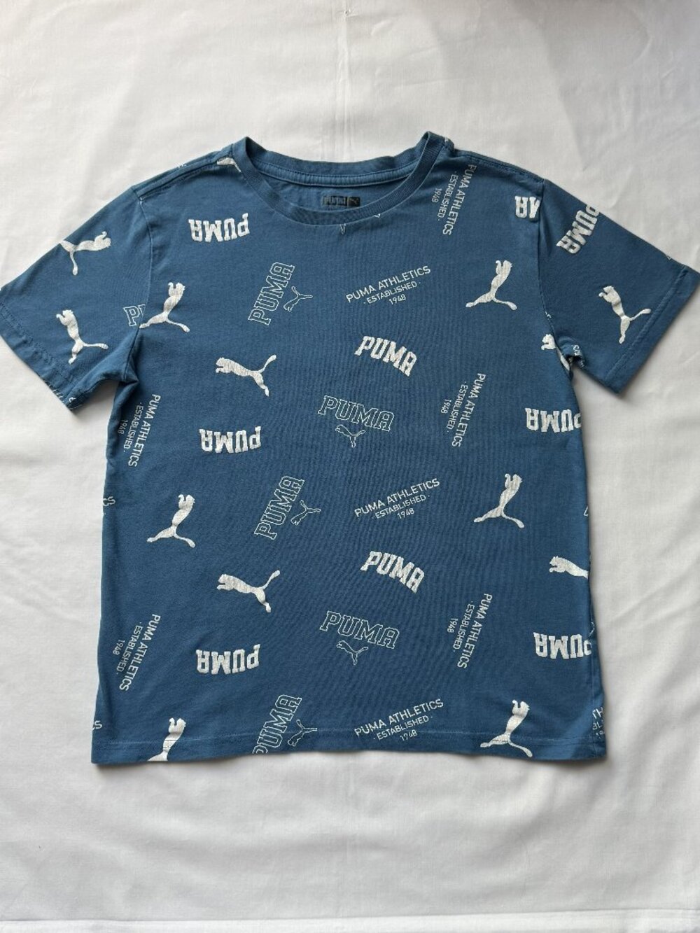 PUMA Boys Youth M 10/12 Blue All Over Print Logo Athletic Graphic T-Shirt